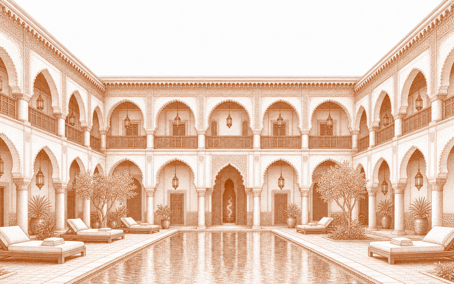 Engraving of a boutique hotel patio with a central basin and arcaded gallery