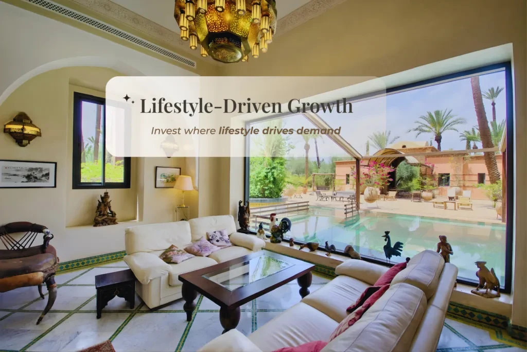 Moroccan living room and pool beneath a banner representing market growth
